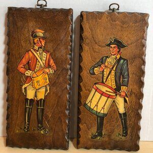 VINTAGE Decoupage? REVOLUTIONARY WAR SOLDIER & DRUMMER Wood Wall Hangings #F76